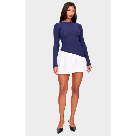 NWT PrettyLittleThing Navy Brushed Rib Asymmetric Ruffle Mini Dress Skater Style - Picture 1 of 16